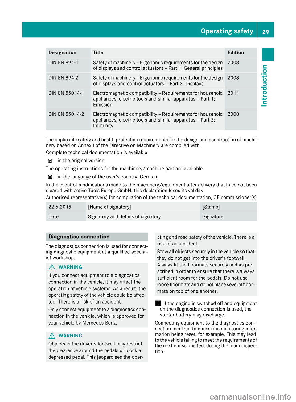 MERCEDES-BENZ GLA SUV 2017  Owners Manual Designation Title Edition
DIN EN 894-1 Safety of machinery – Ergonomic requirements for the design
of displays and control actuators – Part 1: General principles 2008
DIN EN 894-2 Safety of machin