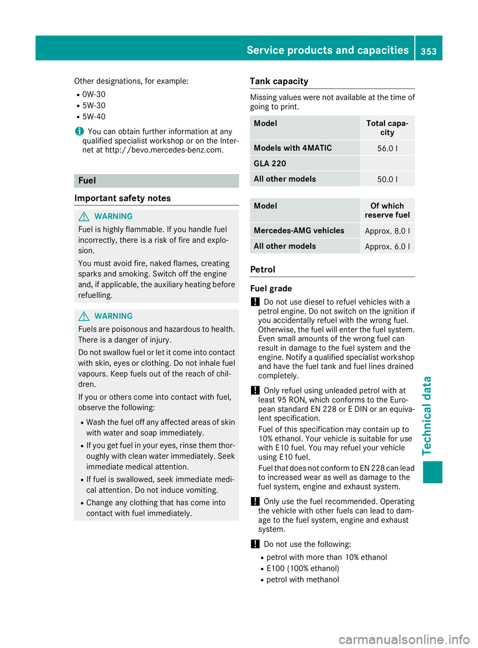MERCEDES-BENZ GLA SUV 2017  Owners Manual Other designations, for example:
R 0W-30
R 5W-30
R 5W-40
i You can obtain further information at any
qualified specialist workshop or on the Inter-
net at http://bevo.mercedes-benz.com. Fuel
Important