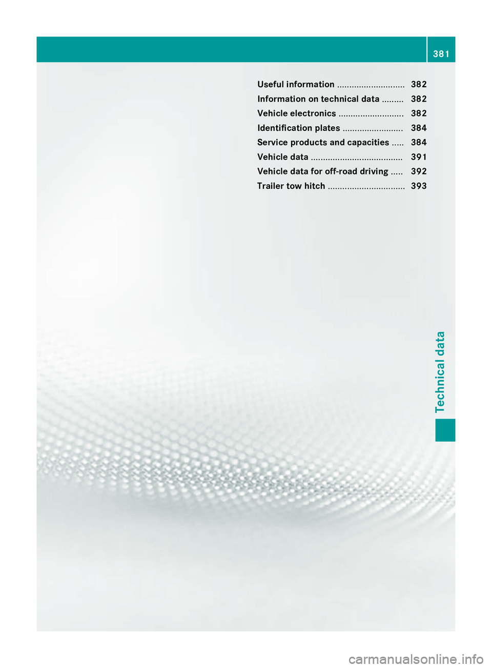 MERCEDES-BENZ GLA SUV 2013  Owners Manual Useful information
............................382
Information on technical data .........382
Vehicle electronics ...........................382
Identification plates .........................384
Serv