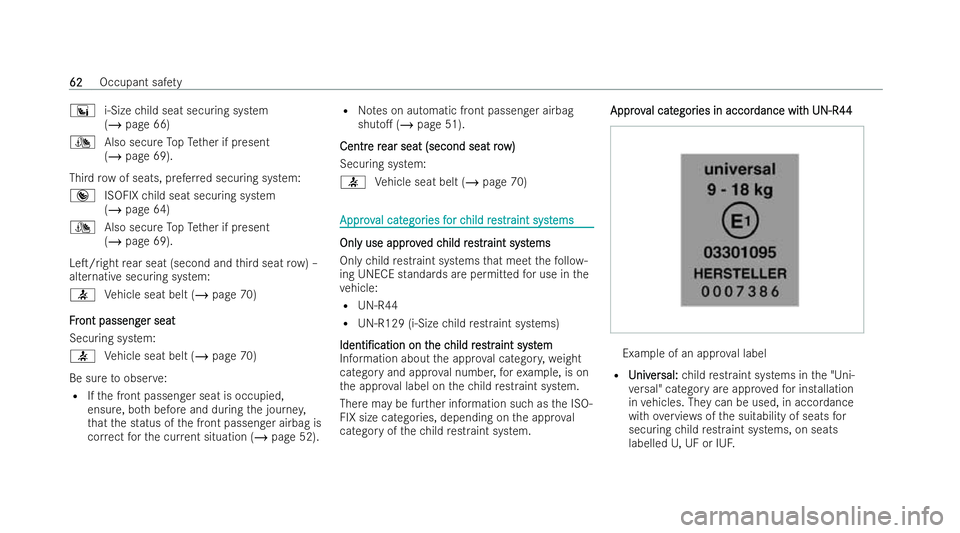 MERCEDES-BENZ GLB SUV 2021  Owners Manual °
i-Sizechild seat securing system
(/ page 66)
¯ Also secure TopTe ther if present
(/ page 69).
Third row of seats, prefer red securing system:
® ISOFIX child seat securing system
(/ page 64)
¯ Al