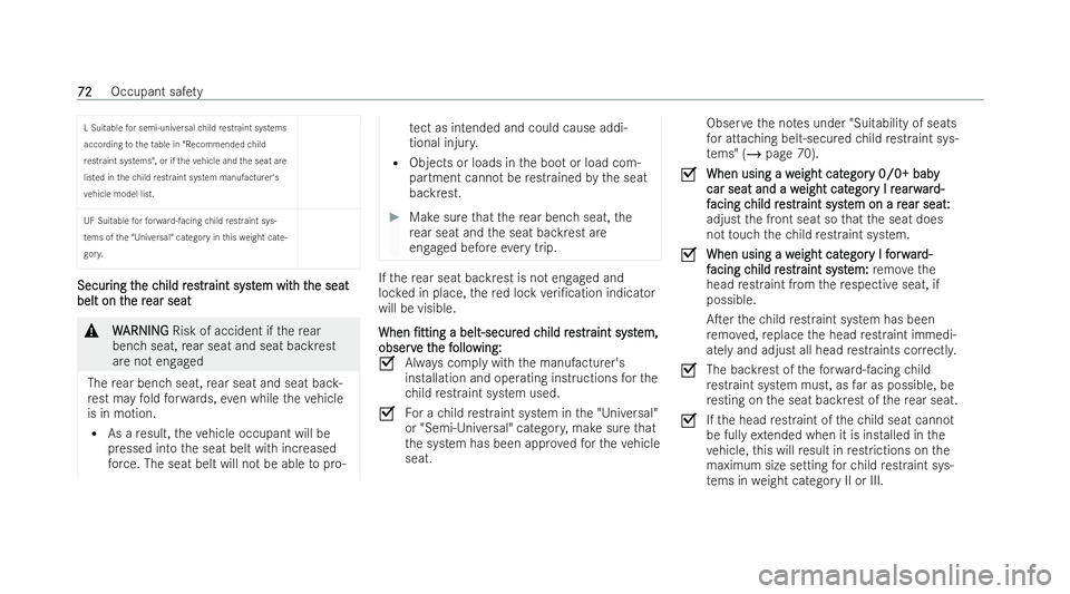 MERCEDES-BENZ GLB SUV 2021  Owners Manual L Suitable
for semi-universal child restraint systems
acco rding totheta ble in "Recommended child
re straint systems", or if theve hicle and the seat are
listed in thech ild restraint system 