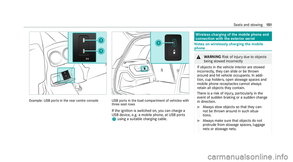 MERCEDES-BENZ GLB SUV 2019  Owners Manual Example: USB po
rts in there ar centre console USB ports in
the load compartment of vehicles with
th re e seat rows
If th e ignition is switched on, you can charge a
USB device, e.g. a mobile phone, a