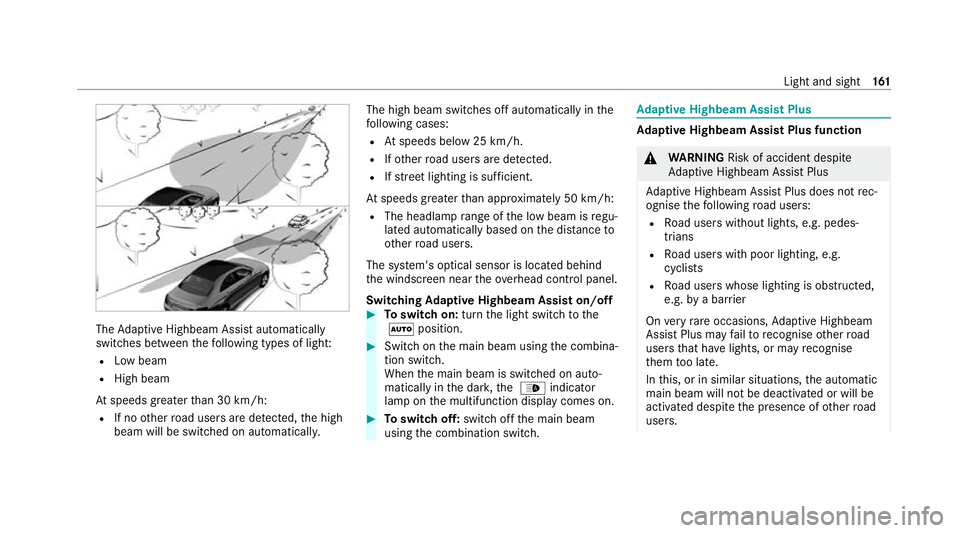 MERCEDES-BENZ GLB SUV 2019  Owners Manual The
Adaptive Highbeam Assist automatically
swit ches between thefo llowing types of light:
R Low beam
R High beam
At speeds greater than 30 km/h:
R If no other road users are de tected, the high
beam 