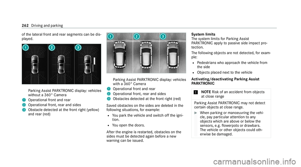 MERCEDES-BENZ GLB SUV 2019  Owners Manual of
the lateral front and rear segments can be dis‐
pla yed. Pa
rking Assist PARKTRONIC display: vehicles
without a 360° Camera
1 Operational front and rear
2 Operational front, rear and sides
3 Obs