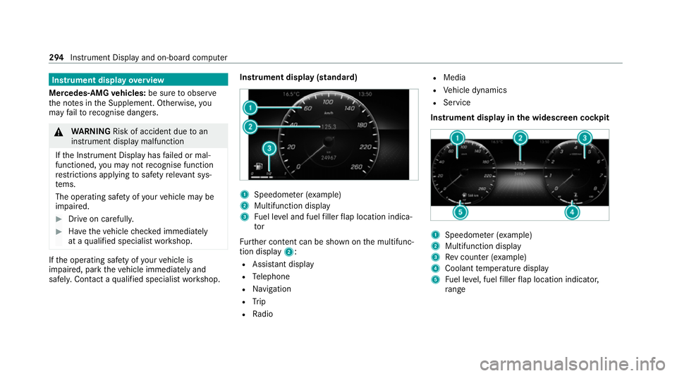 MERCEDES-BENZ GLB SUV 2019 Owners Manual Instrument display
overview
Mercedes-AMG vehicles: be sure toobser ve
th e no tes in the Supplement. Otherwise, you
may failto recognise dangers. &
WARNING Risk of accident due toan
instrument display MERCEDES-BENZ GLB SUV 2019 Owners Manual Instrument display
overview
Mercedes-AMG vehicles: be sure toobser ve
th e no tes in the Supplement. Otherwise, you
may failto recognise dangers. &
WARNING Risk of accident due toan
instrument display
