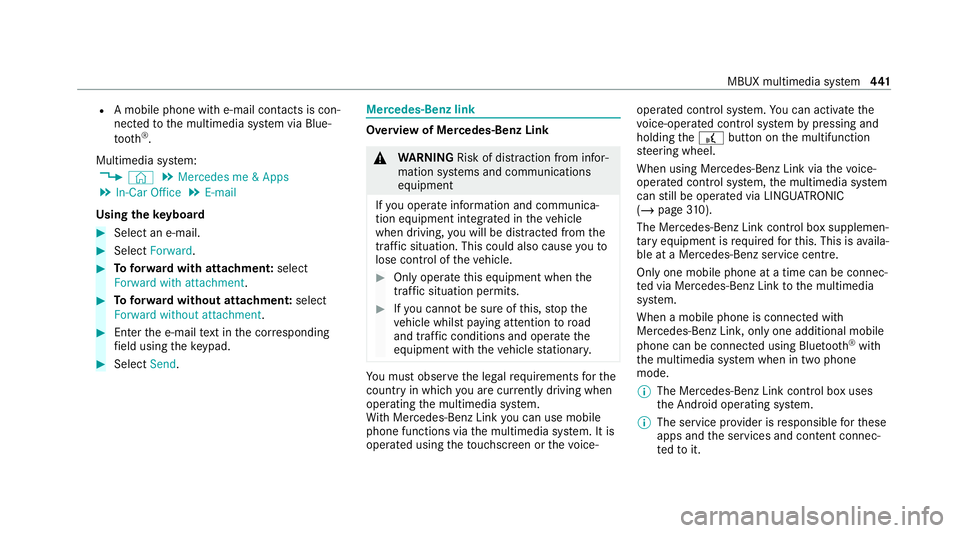 MERCEDES-BENZ GLB SUV 2019  Owners Manual R
A mobile phone wi the-mail conta cts is con‐
nected tothe multimedia sy stem via Blue‐
to oth ®
.
Multimedia sy stem:
4 © 5
Mercedes me & Apps
5 In-Car Office 5
E-mail
Using theke yboard #
Sel