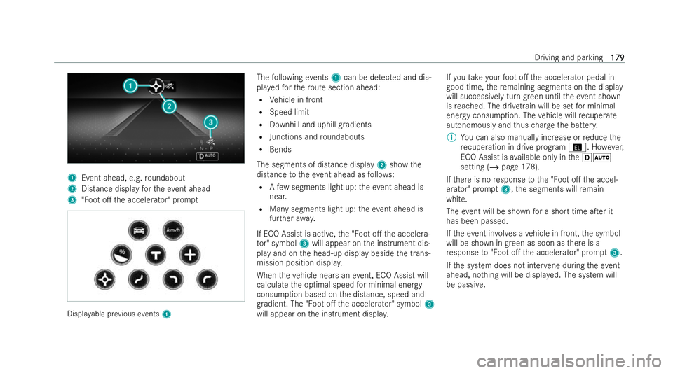 MERCEDES-BENZ GLC COUPE 2022 Owners Manual 1
Event ahead, e.g. roundabout
2 Distance display forth eev ent ahead
3 "Foot o. the accelerator" prom ptDispla
yable pr evious events 1 The
following events 1can be de tected and dis-
pla ye MERCEDES-BENZ GLC COUPE 2022 Owners Manual 1
Event ahead, e.g. roundabout
2 Distance display forth eev ent ahead
3 "Foot o. the accelerator" prom ptDispla
yable pr evious events 1 The
following events 1can be de tected and dis-
pla ye