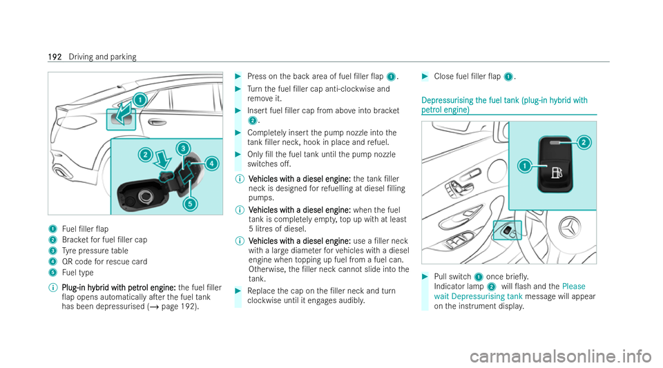 MERCEDES-BENZ GLC COUPE 2022 Owners Manual 1
Fuel /ller 0ap
2 Brac ketfo r fuel /ller cap
3 Tyre pressure table
4 QR code forre scue card
5 Fuel type
% Plug-in h
Plug-in h ybr
ybrid wit
id wit h pe
h petr
tr ol engine:
ol engine: the fuel MERCEDES-BENZ GLC COUPE 2022 Owners Manual 1
Fuel /ller 0ap
2 Brac ketfo r fuel /ller cap
3 Tyre pressure table
4 QR code forre scue card
5 Fuel type
% Plug-in h
Plug-in h ybr
ybrid wit
id wit h pe
h petr
tr ol engine:
ol engine: the fuel 