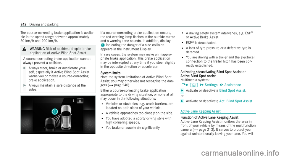 MERCEDES-BENZ GLC COUPE 2022 Owners Manual The cou
rse-cor recting brake application is availa-
ble in the speed range between app roximately
30 km/h and 200 km/h. &
W
WARNING
ARNING Risk of accident despi tebrake
application of Active Blind S MERCEDES-BENZ GLC COUPE 2022 Owners Manual The cou
rse-cor recting brake application is availa-
ble in the speed range between app roximately
30 km/h and 200 km/h. &
W
WARNING
ARNING Risk of accident despi tebrake
application of Active Blind S