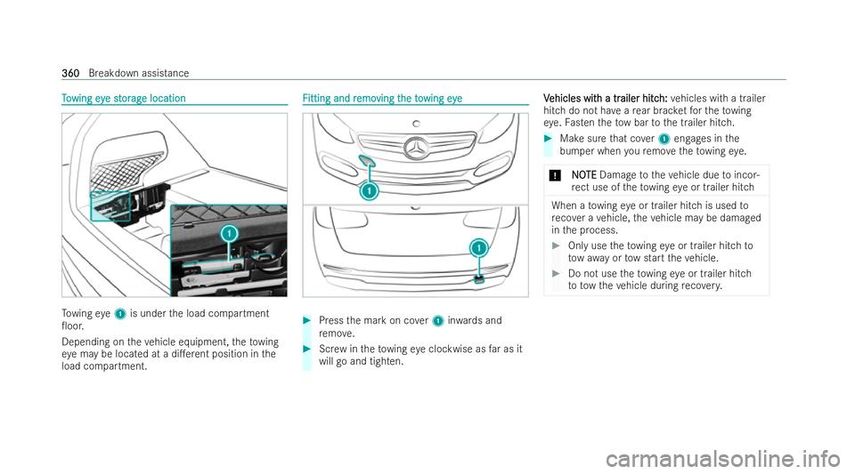 MERCEDES-BENZ GLC COUPE 2022 Owners Manual T
T
o
o wing ey
wing eye st
e st or
orag
ag e location
e location To
wing eye1 is under the load compartment
0oor.
Depending on theve hicle equipment, theto wing
ey e may be located at a di.erent po MERCEDES-BENZ GLC COUPE 2022 Owners Manual T
T
o
o wing ey
wing eye st
e st or
orag
ag e location
e location To
wing eye1 is under the load compartment
0oor.
Depending on theve hicle equipment, theto wing
ey e may be located at a di.erent po