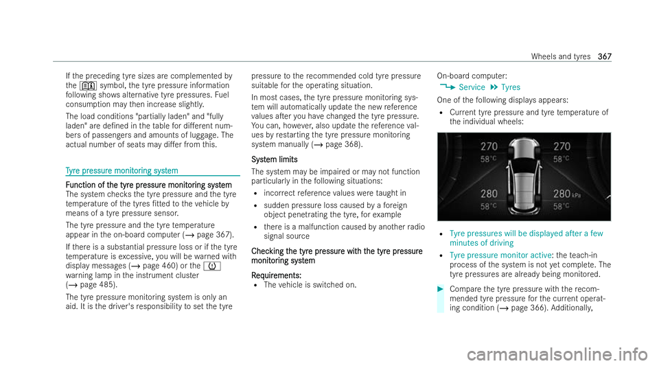 MERCEDES-BENZ GLC COUPE 2022 Owners Manual If
th e preceding tyre sizes are complemented by
th e+ symbol, the tyre pressure information
fo llowing sho wsalternative tyre pressures. Fuel
consum ption may then increase slightl y.
The load condit MERCEDES-BENZ GLC COUPE 2022 Owners Manual If
th e preceding tyre sizes are complemented by
th e+ symbol, the tyre pressure information
fo llowing sho wsalternative tyre pressures. Fuel
consum ption may then increase slightl y.
The load condit