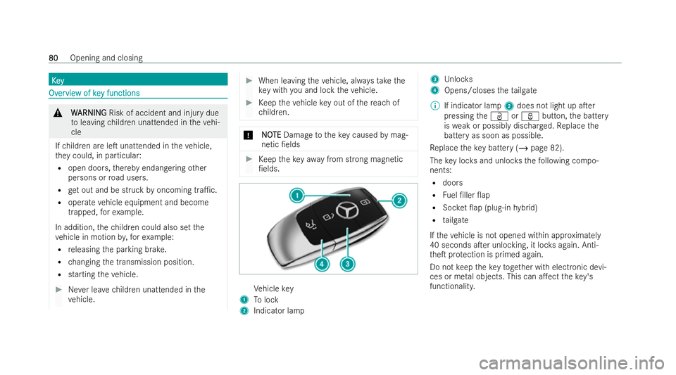 MERCEDES-BENZ GLC COUPE 2022 Owners Manual K
K
e
ey
y Ov
Ov
er
ervie
vie w of ke
w of key functions
y functions &
W
WARNING
ARNING Risk of accident and inju rydue
to leaving children unattended in theve hi-
cle
If ch ildren are leT unattended MERCEDES-BENZ GLC COUPE 2022 Owners Manual K
K
e
ey
y Ov
Ov
er
ervie
vie w of ke
w of key functions
y functions &
W
WARNING
ARNING Risk of accident and inju rydue
to leaving children unattended in theve hi-
cle
If ch ildren are leT unattended
