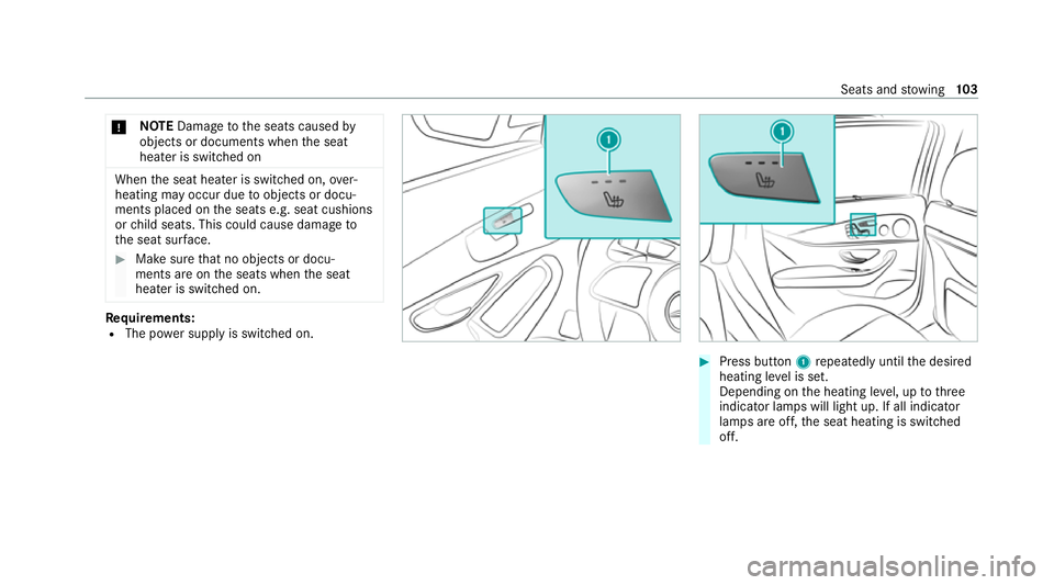 MERCEDES-BENZ GLC COUPE 2021  Owners Manual *
NO
TEDama getothe seats caused by
objects or documents when the seat
heater is switched on When
the seat heater is switched on, over‐
heating may occur due toobjects or docu‐
ments placed on the