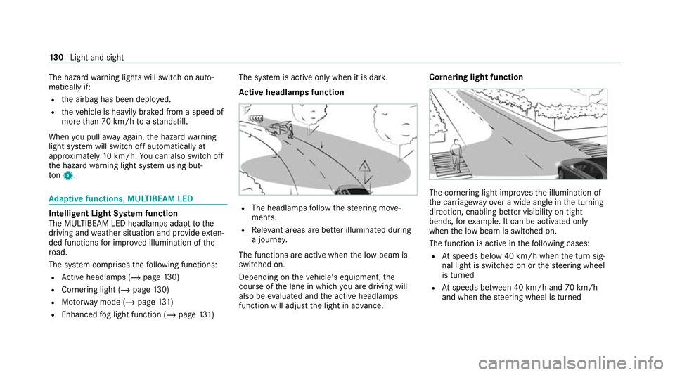 MERCEDES-BENZ GLC COUPE 2021 Owners Manual The hazard
warning lights will switch on auto‐
matically if:
R the airbag has been deplo yed.
R theve hicle is heavily braked from a speed of
more than 70 km/h toast andstill.
When you pull away aga MERCEDES-BENZ GLC COUPE 2021 Owners Manual The hazard
warning lights will switch on auto‐
matically if:
R the airbag has been deplo yed.
R theve hicle is heavily braked from a speed of
more than 70 km/h toast andstill.
When you pull away aga