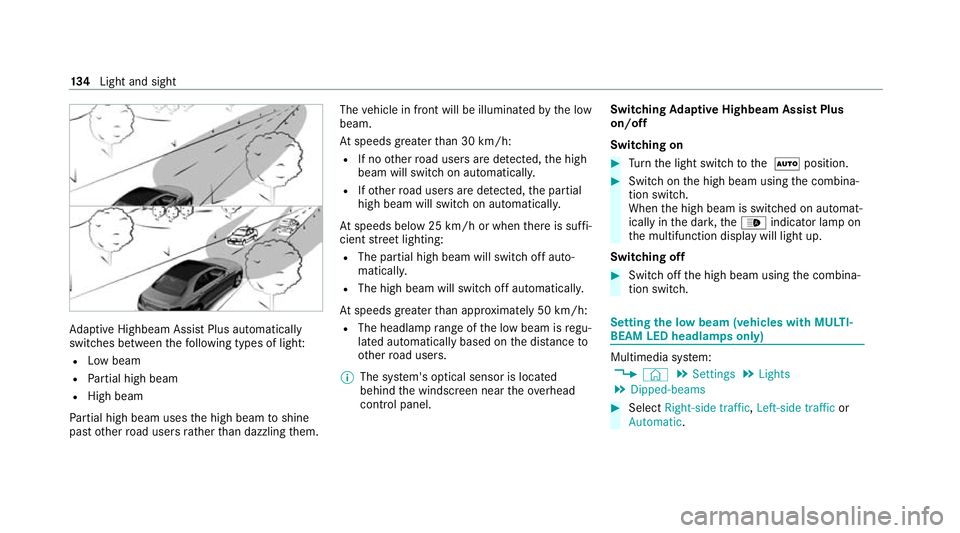 MERCEDES-BENZ GLC COUPE 2021 Owners Manual Ad
aptive Highbeam Assist Plus automatically
swit ches between thefo llowing types of light:
R Low beam
R Partial high beam
R High beam
Pa rtial high beam uses the high beam toshine
past other road us MERCEDES-BENZ GLC COUPE 2021 Owners Manual Ad
aptive Highbeam Assist Plus automatically
swit ches between thefo llowing types of light:
R Low beam
R Partial high beam
R High beam
Pa rtial high beam uses the high beam toshine
past other road us