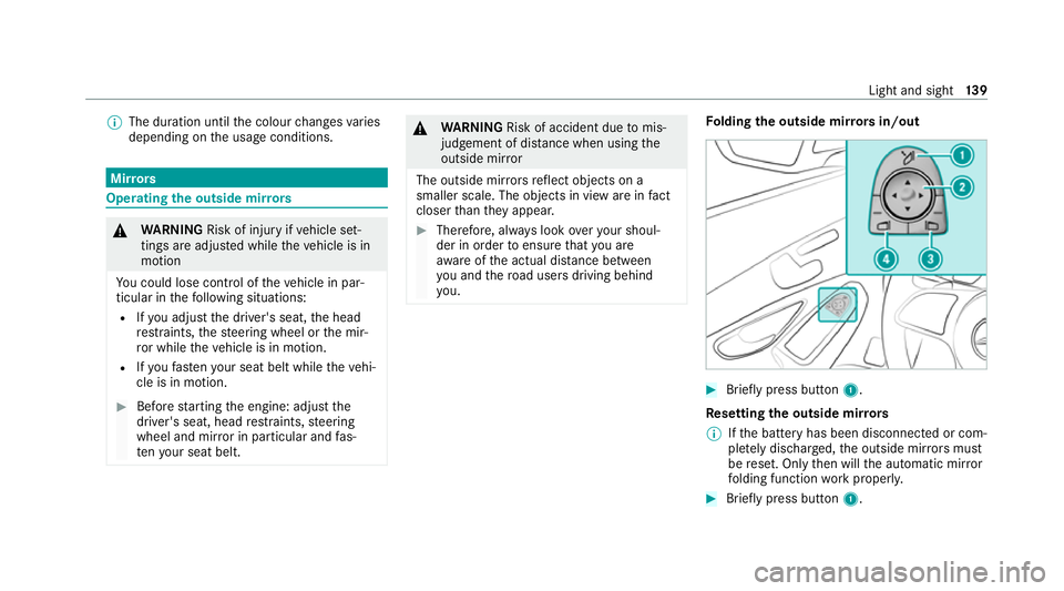 MERCEDES-BENZ GLC COUPE 2021 Owners Manual %
The duration until the colour changes varies
depending on the usage conditions. Mir
rors Operating
the outside mir rors &
WARNING Risk of injury ifve hicle set‐
tings are adjus ted while theve hic MERCEDES-BENZ GLC COUPE 2021 Owners Manual %
The duration until the colour changes varies
depending on the usage conditions. Mir
rors Operating
the outside mir rors &
WARNING Risk of injury ifve hicle set‐
tings are adjus ted while theve hic