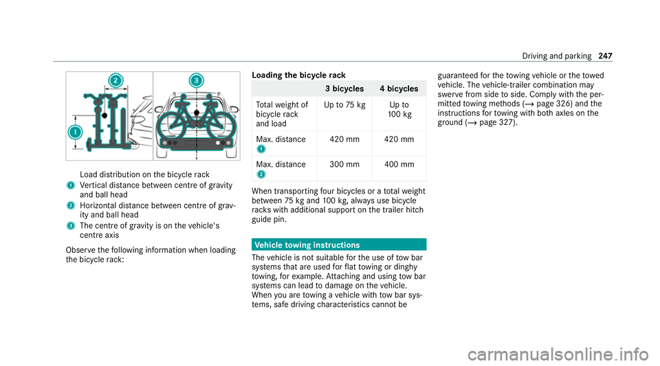 MERCEDES-BENZ GLC COUPE 2021 Owners Manual Load distribution on
the bicycle rack
1 Vertical dis tance between centre of gr avity
and ball head
2 Horizon tal dis tance between centre of gr av‐
ity and ball head
3 The centre of gr avity is on MERCEDES-BENZ GLC COUPE 2021 Owners Manual Load distribution on
the bicycle rack
1 Vertical dis tance between centre of gr avity
and ball head
2 Horizon tal dis tance between centre of gr av‐
ity and ball head
3 The centre of gr avity is on