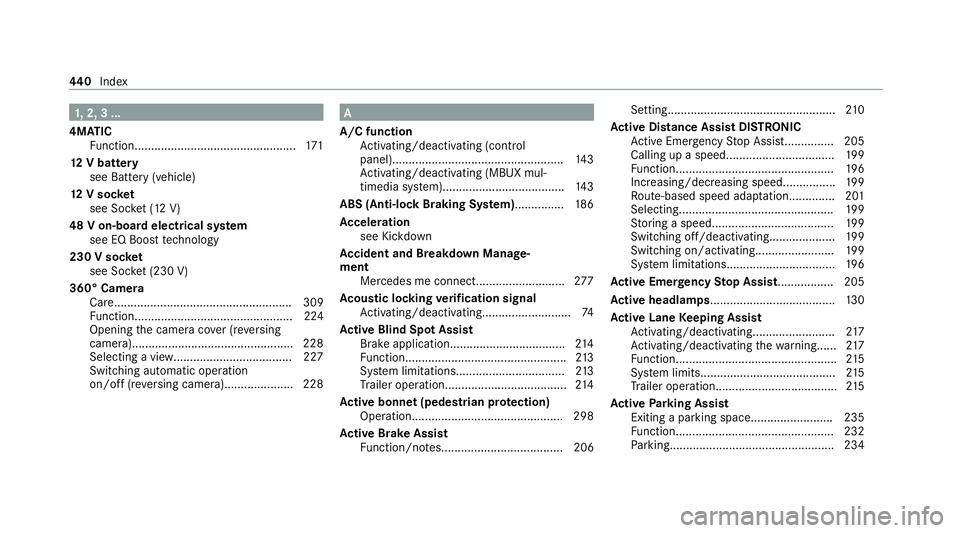 MERCEDES-BENZ GLC COUPE 2021 Owners Manual 1,
2, 3 ...
4MATIC Function................................................. 171
12 V battery
see Battery (vehicle)
12 V so cket
see Soc ket (12 V)
48 V on-board electrical sy stem
see EQ Boo sttech n MERCEDES-BENZ GLC COUPE 2021 Owners Manual 1,
2, 3 ...
4MATIC Function................................................. 171
12 V battery
see Battery (vehicle)
12 V so cket
see Soc ket (12 V)
48 V on-board electrical sy stem
see EQ Boo sttech n