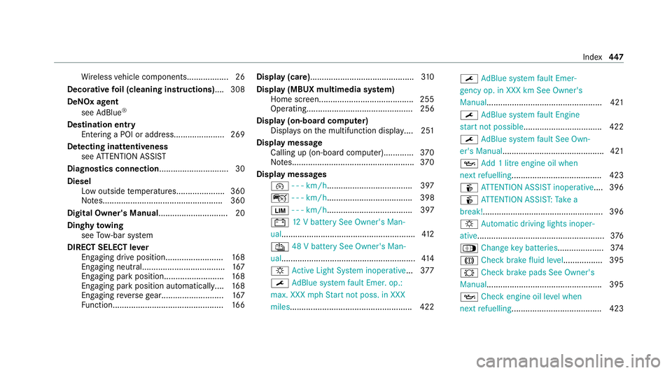 MERCEDES-BENZ GLC COUPE 2021 Owners Manual Wi
reless vehicle components.................. 26
Decorative foil (cleaning instructions) .... 308
DeNOx agent see AdBlue ®
De stination entry
En tering a POI or address...................... 269
De MERCEDES-BENZ GLC COUPE 2021 Owners Manual Wi
reless vehicle components.................. 26
Decorative foil (cleaning instructions) .... 308
DeNOx agent see AdBlue ®
De stination entry
En tering a POI or address...................... 269
De
