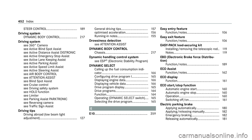 MERCEDES-BENZ GLC COUPE 2021 Owners Manual ST
EER CONTROL................................... 189
Driving sy stem
DY NA MIC BODY CONTROL.................... 217
Driving sy stem
see 360° Camera
see Active Blind Spot Assi st
see Active Dis tance MERCEDES-BENZ GLC COUPE 2021 Owners Manual ST
EER CONTROL................................... 189
Driving sy stem
DY NA MIC BODY CONTROL.................... 217
Driving sy stem
see 360° Camera
see Active Blind Spot Assi st
see Active Dis tance