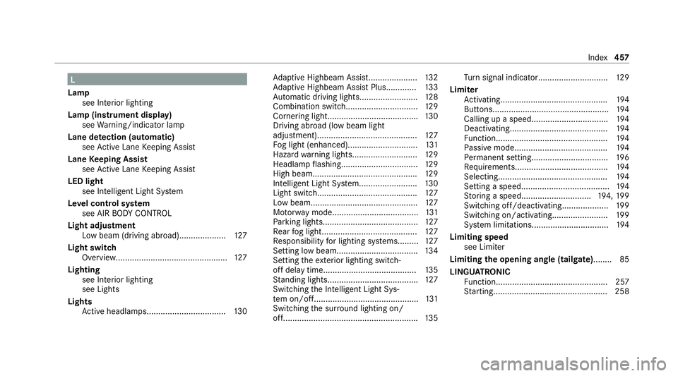 MERCEDES-BENZ GLC COUPE 2021 Owners Manual L
Lamp see In terior lighting
Lamp (instrument display) see Warning/indicator lamp
Lane de tection (au tomatic)
see Active Lane Keeping Assist
Lane Keeping Assist
see Active Lane Keeping Assist
LED li MERCEDES-BENZ GLC COUPE 2021 Owners Manual L
Lamp see In terior lighting
Lamp (instrument display) see Warning/indicator lamp
Lane de tection (au tomatic)
see Active Lane Keeping Assist
Lane Keeping Assist
see Active Lane Keeping Assist
LED li