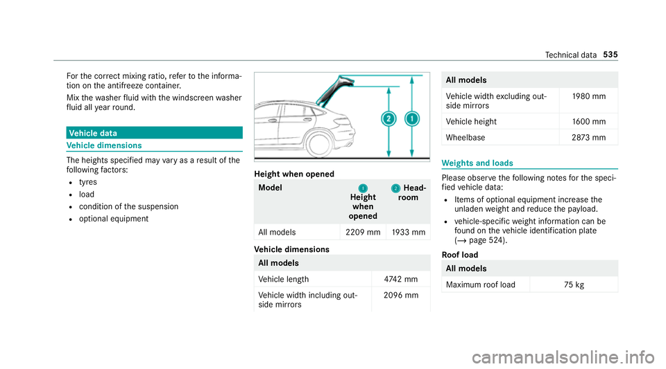 MERCEDES-BENZ GLC COUPE 2019  Owners Manual Fo
rth e cor rect mixing ratio, referto the informa‐
tion on the antif reeze conta iner.
Mix thewa sher fluid with the windscreen washer
fl uid all year round. Ve
hicle data Ve
hicle dimensions The 