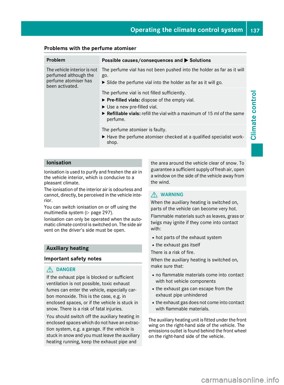 MERCEDES-BENZ GLC COUPE 2016 Owners Manual Problems with the perfume atomiser
Problem
Possible causes/consequences and
M
MSolutions The vehicle interior is not
perfumed although the
perfume atomiser has
been activated. The perfume vial has not MERCEDES-BENZ GLC COUPE 2016 Owners Manual Problems with the perfume atomiser
Problem
Possible causes/consequences and
M
MSolutions The vehicle interior is not
perfumed although the
perfume atomiser has
been activated. The perfume vial has not