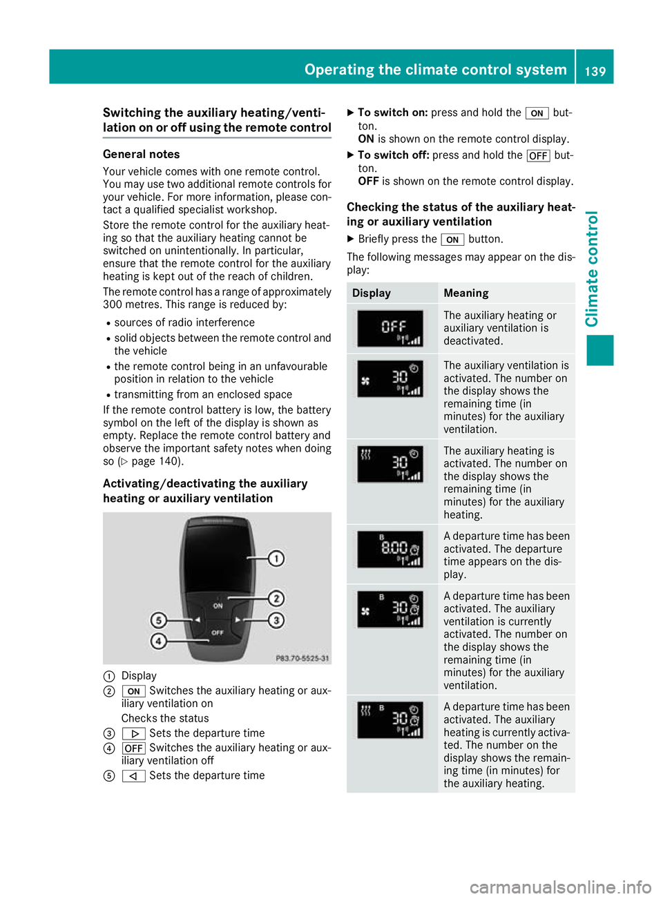 MERCEDES-BENZ GLC COUPE 2016 Owners Manual Switching the auxiliary heating/venti-
lation on or off using the remote control
General notes
Your vehicle comes with one remote control.
You may use two additional remote controls for
your vehicle. MERCEDES-BENZ GLC COUPE 2016 Owners Manual Switching the auxiliary heating/venti-
lation on or off using the remote control
General notes
Your vehicle comes with one remote control.
You may use two additional remote controls for
your vehicle.