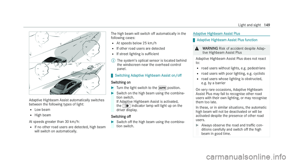 MERCEDES-BENZ GLC SUV 2022  Owners Manual �A�d�a�p�t�i�v�e� �H�i�g�h�b�e�a�m� �A�s�s�i�s�t� �a�u�t�o�m�a�t�i�c�a�l�l�y� �s�w�i�t�c�h�e�s
�b�e
�t�w�e�e�n� �t�h�e� �f�o�l�l�o�w�i�n�g� �t�y�p�e�s� �o�f� �l�i�g�h�t�:
�= �L�o�w� �b�e�a�m
�= �H�i�g