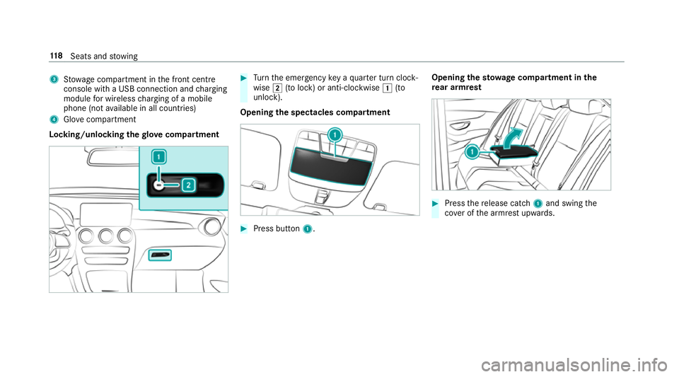 MERCEDES-BENZ GLC SUV 2019  Owners Manual 3
Stow age compartment in the front cent re
console wi tha USB connection and charging
module for wireless charging of a mobile
phone (not available in all countries)
4 Glovecompa rtment
Locking/unlo 