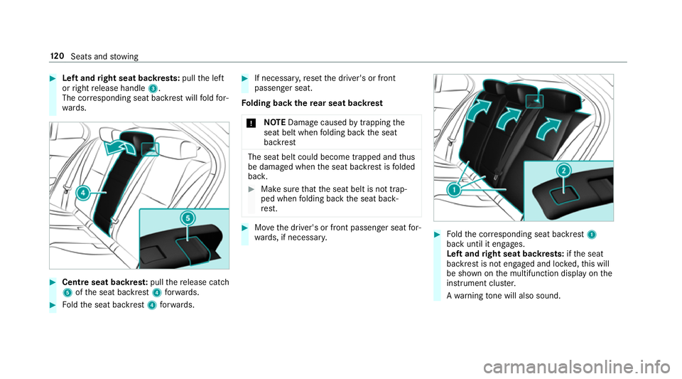 MERCEDES-BENZ GLC SUV 2019  Owners Manual #
Left and right seat backrests: pullthe left
or right release handle 3.
The cor responding seat backrest will fold for‐
wa rds. #
Centre seat backres t:pull there lease cat ch
5 ofthe seat backrest