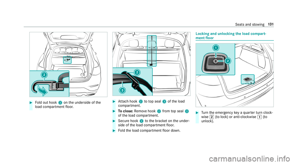 MERCEDES-BENZ GLC SUV 2019  Owners Manual #
Fold out hook 2onthe underside of the
load compartment floor. #
Attach hook 2to to p seal 3ofthe load
compartment. #
Toclose: Remo vehook 2from top seal 3
of the load compartment. #
Secure hook 2tot