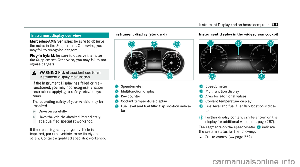 MERCEDES-BENZ GLC SUV 2019 Owners Manual Instrument display
overview
Mercedes-AMG vehicles: be sure toobser ve
th e no tes in the Supplement. Otherwise, you
may failto recognise dangers.
Plug-in hybrid: be sure toobser vethe no tes in
th e S MERCEDES-BENZ GLC SUV 2019 Owners Manual Instrument display
overview
Mercedes-AMG vehicles: be sure toobser ve
th e no tes in the Supplement. Otherwise, you
may failto recognise dangers.
Plug-in hybrid: be sure toobser vethe no tes in
th e S