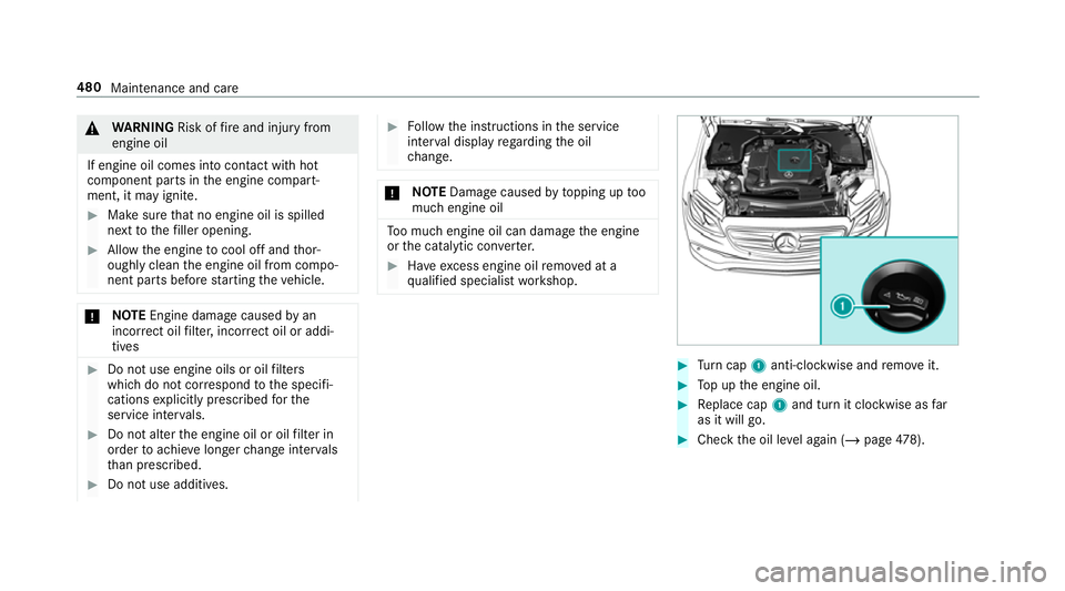 MERCEDES-BENZ GLC SUV 2019 Owners Manual &
WARNING Risk offire and injury from
engine oil
If engine oil comes into con tact wi thhot
component parts in the engine compart‐
ment, it may ignite. #
Make sure that no engine oil is spilled
next MERCEDES-BENZ GLC SUV 2019 Owners Manual &
WARNING Risk offire and injury from
engine oil
If engine oil comes into con tact wi thhot
component parts in the engine compart‐
ment, it may ignite. #
Make sure that no engine oil is spilled
next