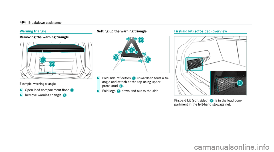 MERCEDES-BENZ GLC SUV 2019  Owners Manual Wa
rning triangle Re
moving the warning triangle Example:
warning triangle #
Open load compartment floor 1. #
Remo ve wa rning triangle 2. Setting up
thewa rning triangle #
Fold side reflectors 1upwar