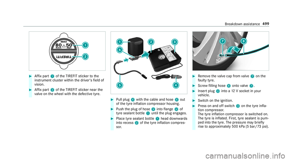 MERCEDES-BENZ GLC SUV 2019  Owners Manual #
Affix pa rt1 ofthe TIREFIT sticke rto the
instrument clus ter within the driver's field of
vision. #
Affix pa rt2 ofthe TIREFIT sticke r near the
va lve on the wheel with the defective tyre. #
P