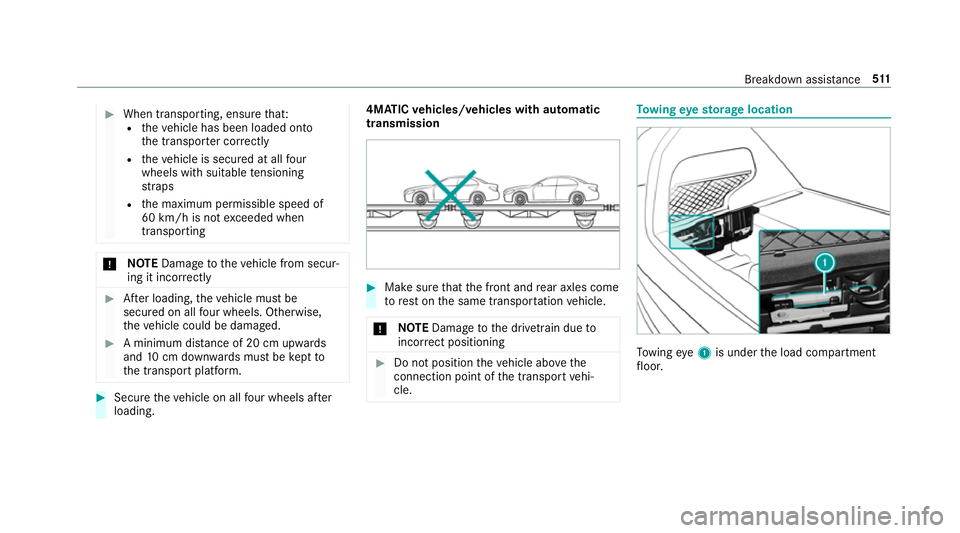 MERCEDES-BENZ GLC SUV 2019  Owners Manual #
When transporting, ensure that:
R theve hicle has been loaded onto
th e transpor ter cor rectly
R theve hicle is secured at all four
wheels with suitable tensioning
st ra ps
R the maximum permissibl