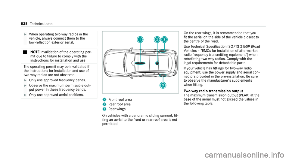 MERCEDES-BENZ GLC SUV 2019 Owners Manual #
When operating two-w ayradios in the
ve hicle, alw ays connect them tothe
lo w- reflection exterior aerial. *
NO
TEInva lidation of the operating per‐
mit due tofailure tocomply wi th the
instruct MERCEDES-BENZ GLC SUV 2019 Owners Manual #
When operating two-w ayradios in the
ve hicle, alw ays connect them tothe
lo w- reflection exterior aerial. *
NO
TEInva lidation of the operating per‐
mit due tofailure tocomply wi th the
instruct