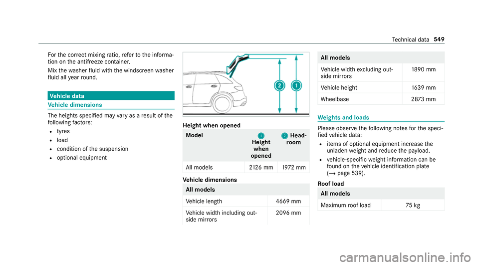 MERCEDES-BENZ GLC SUV 2019  Owners Manual Fo
rth e cor rect mixing ratio, referto the informa‐
tion on the antif reeze conta iner.
Mix thewa sher fluid with the windscreen washer
fl uid all year round. Ve
hicle data Ve
hicle dimensions The 