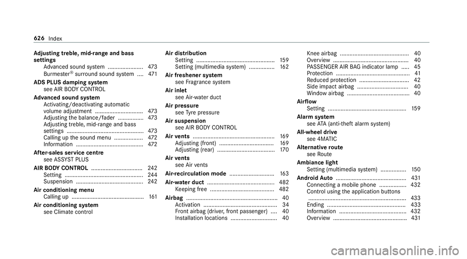 MERCEDES-BENZ GLC SUV 2019 Owners Manual Ad
justing treble, mid- range and bass
settings
Adva nced sound sy stem ......................4 73
Burmes ter®
sur round sound sy stem ....4 71
ADS PLUS da mping sy stem
see AIR BODY CONTROL
Ad vance MERCEDES-BENZ GLC SUV 2019 Owners Manual Ad
justing treble, mid- range and bass
settings
Adva nced sound sy stem ......................4 73
Burmes ter®
sur round sound sy stem ....4 71
ADS PLUS da mping sy stem
see AIR BODY CONTROL
Ad vance