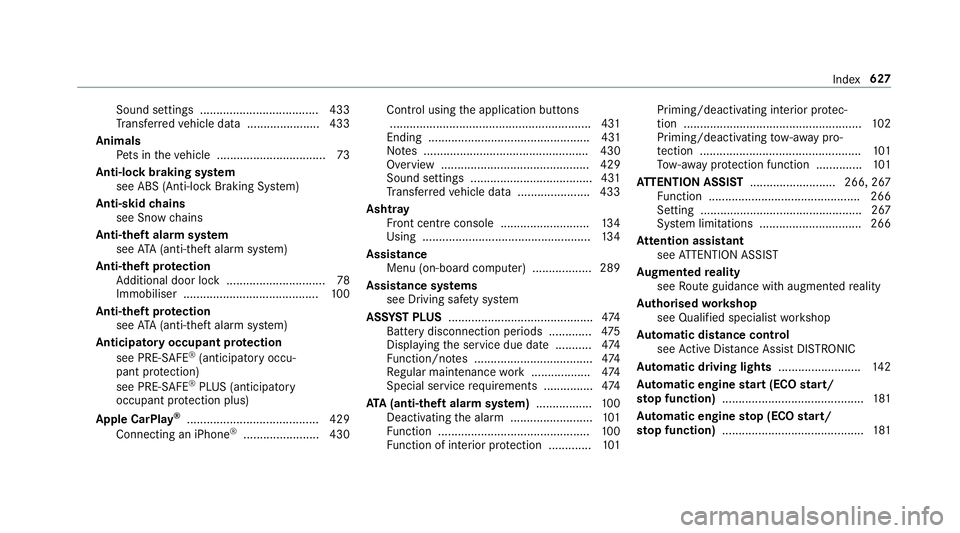 MERCEDES-BENZ GLC SUV 2019 Owners Manual Sound settings .................................... 433
Tr ans ferred vehicle data ......................4 33
Animals Pets in theve hicle ................................. 73
Anti-lock braking sy stem MERCEDES-BENZ GLC SUV 2019 Owners Manual Sound settings .................................... 433
Tr ans ferred vehicle data ......................4 33
Animals Pets in theve hicle ................................. 73
Anti-lock braking sy stem