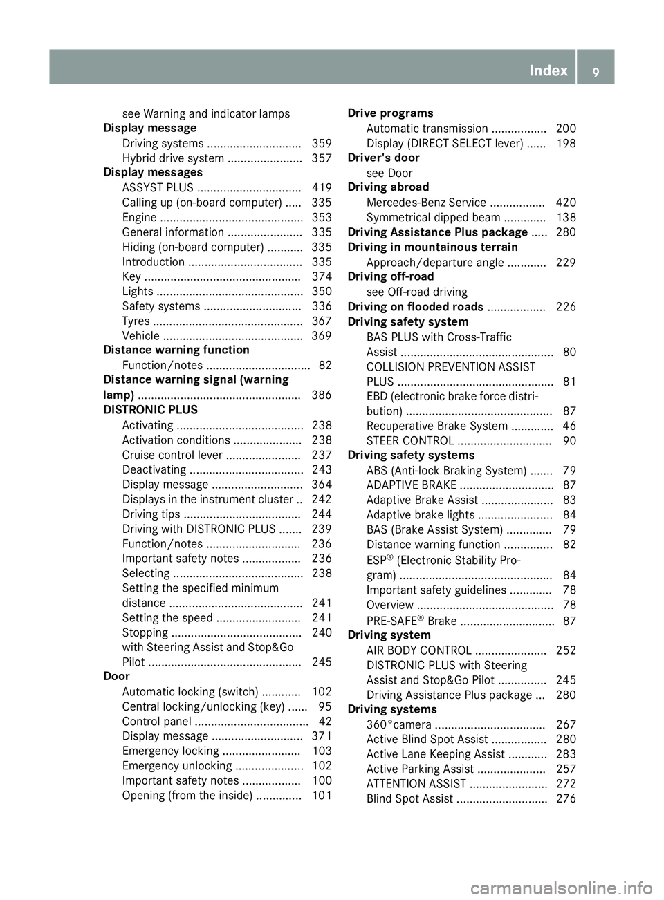 MERCEDES-BENZ GLC SUV 2015  Owners Manual see Warning and indicator lamps
Display message
Driving systems ............................. 359
Hybrid drive system ....................... 357
Display messages
ASSYST PLUS .........................