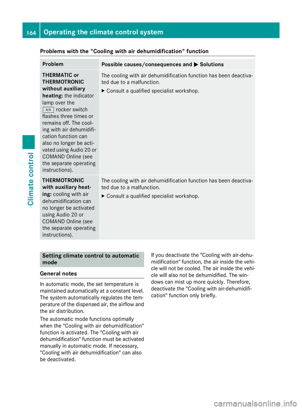 MERCEDES-BENZ GLC SUV 2015 Owners Manual Problems with the "Cooling with air dehumidification" function
Problem
Possible causes/consequences and
M
MSolutions THERMATIC or
THERMOTRONIC
without auxiliary
heating:
the indicator
lamp ove MERCEDES-BENZ GLC SUV 2015 Owners Manual Problems with the "Cooling with air dehumidification" function
Problem
Possible causes/consequences and
M
MSolutions THERMATIC or
THERMOTRONIC
without auxiliary
heating:
the indicator
lamp ove