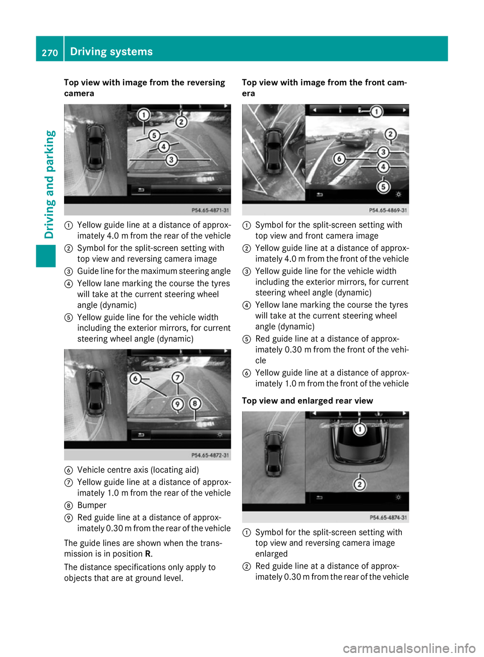 MERCEDES-BENZ GLC SUV 2015 Owners Manual Top view with image from the reversing
camera :
Yellow guide line at a distance of approx-
imately 4.0 mfrom the rear of the vehicle
; Symbol for the split-screen setting with
top view and reversing c MERCEDES-BENZ GLC SUV 2015 Owners Manual Top view with image from the reversing
camera :
Yellow guide line at a distance of approx-
imately 4.0 mfrom the rear of the vehicle
; Symbol for the split-screen setting with
top view and reversing c