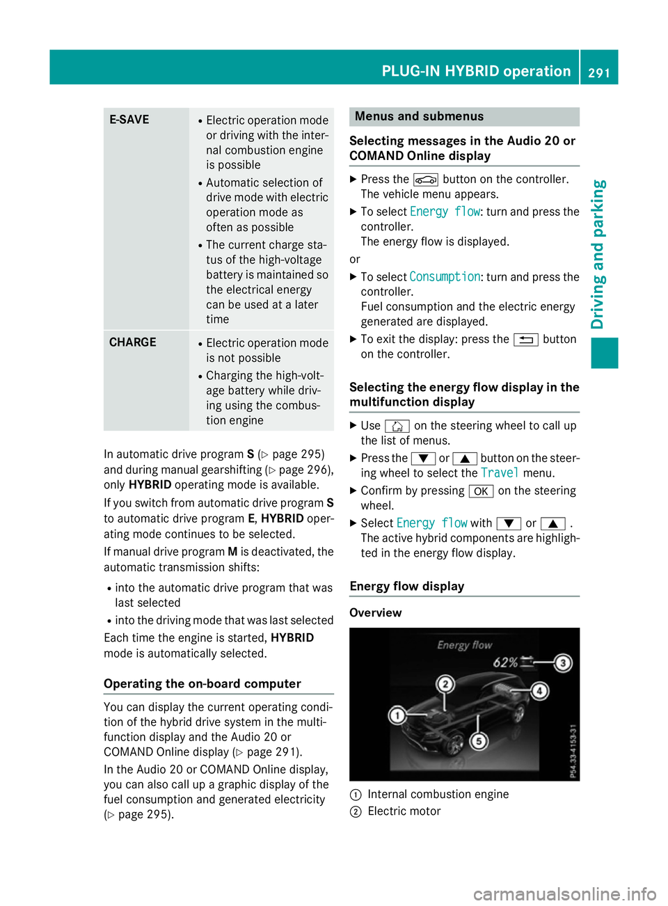 MERCEDES-BENZ GLC SUV 2015 Owners Manual E-SAVE R
Electric operation mode
or driving with the inter- nal combustion engine
is possible
R Automatic selection of
drive mode with electric
operation mode as
often as possible
R The current charge MERCEDES-BENZ GLC SUV 2015 Owners Manual E-SAVE R
Electric operation mode
or driving with the inter- nal combustion engine
is possible
R Automatic selection of
drive mode with electric
operation mode as
often as possible
R The current charge