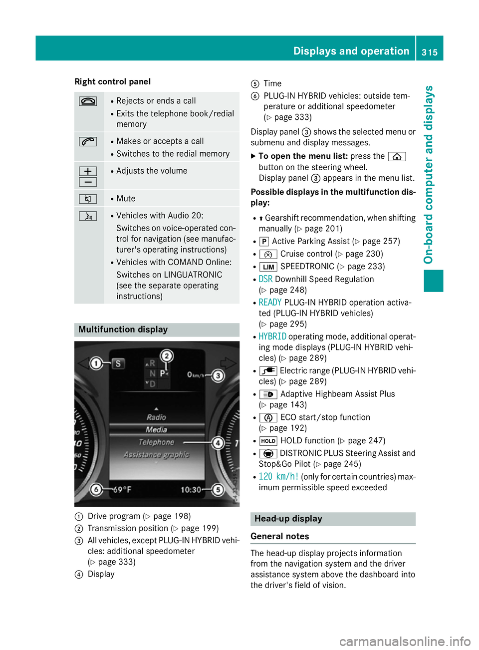 MERCEDES-BENZ GLC SUV 2015 Owners Manual Right control panel
~ R
Rejects or ends a call
R Exits the telephone book/redial
memory 6 R
Makes or accepts a call
R Switches to the redial memory W
X R
Adjusts the volume 8 R
Mute ó R
Vehicles with MERCEDES-BENZ GLC SUV 2015 Owners Manual Right control panel
~ R
Rejects or ends a call
R Exits the telephone book/redial
memory 6 R
Makes or accepts a call
R Switches to the redial memory W
X R
Adjusts the volume 8 R
Mute ó R
Vehicles with