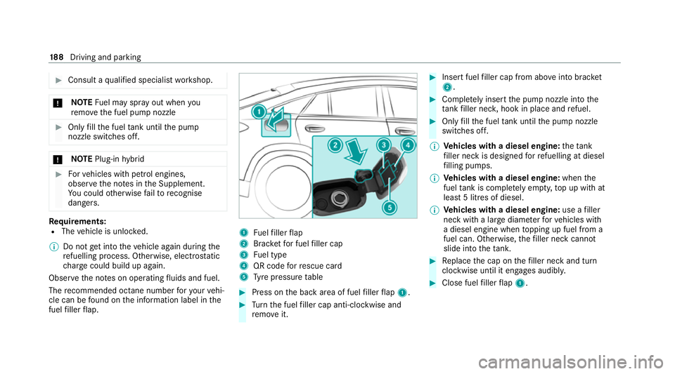 MERCEDES-BENZ GLE COUPE 2021  Owners Manual #
Consult a qualified specialist workshop. *
NO
TEFuel may spr ayout when you
re mo vethe fuel pump nozzle #
Only fill th e fuel tank until the pump
nozzle switches off. *
NO
TEPlug-in hybrid #
Forve 