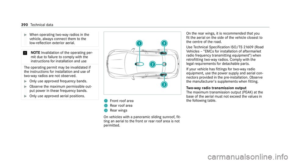 MERCEDES-BENZ GLE COUPE 2021 Owners Manual #
When operating two-w ayradios in the
ve hicle, alw ays connect them tothe
lo w- reflection exterior aerial. *
NO
TEInva lidation of the operating per‐
mit due tofailure tocomply wi th the
instruct MERCEDES-BENZ GLE COUPE 2021 Owners Manual #
When operating two-w ayradios in the
ve hicle, alw ays connect them tothe
lo w- reflection exterior aerial. *
NO
TEInva lidation of the operating per‐
mit due tofailure tocomply wi th the
instruct