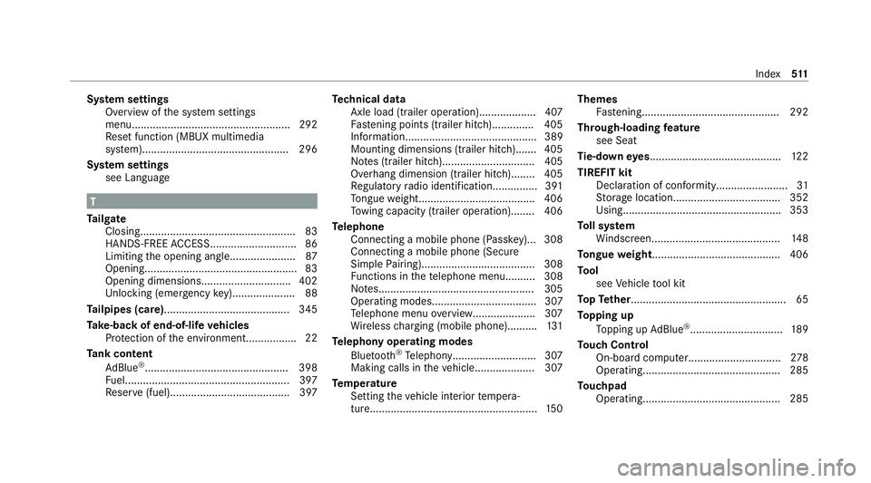 MERCEDES-BENZ GLE COUPE 2021  Owners Manual Sy
stem settings
Overview of the sy stem settings
menu.....................................................2 92
Re set function (MBUX multimedia
sy stem)...............................................