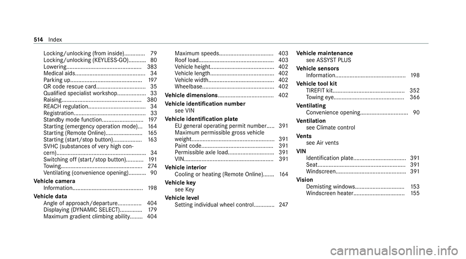 MERCEDES-BENZ GLE COUPE 2021  Owners Manual Locking/unlocking (from inside
)............. 79
Locking/unlocking (KEYLESS-GO )........... 80
Lo we ring............................................... 383
Medical aids...............................